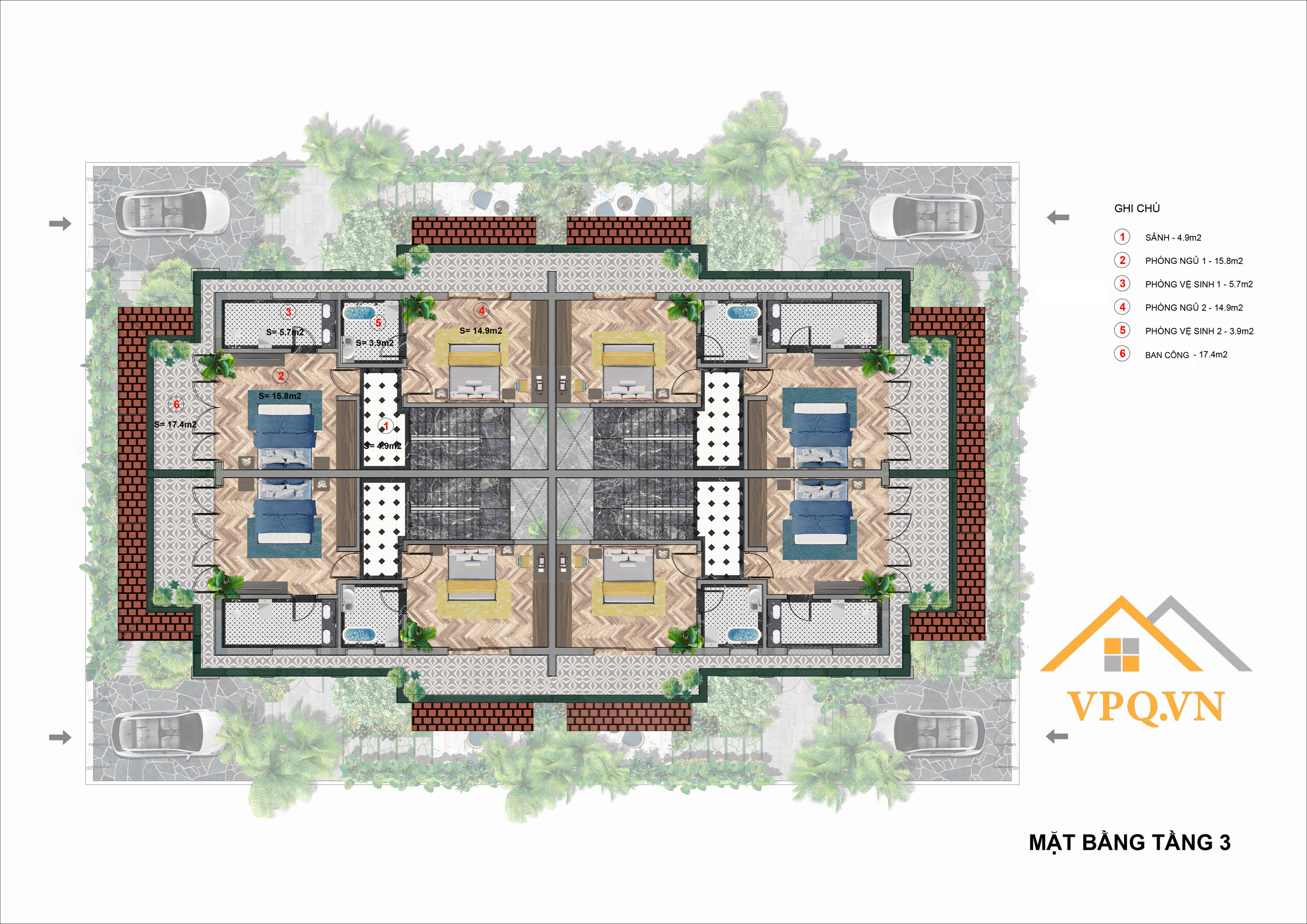 Layout tầng 3 biệt thự tứ lập - Sun Tropical Village
